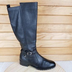 Tesori Tall Shaft Black Leather Riding Biker Moto Knee Boots Side Zip Closure